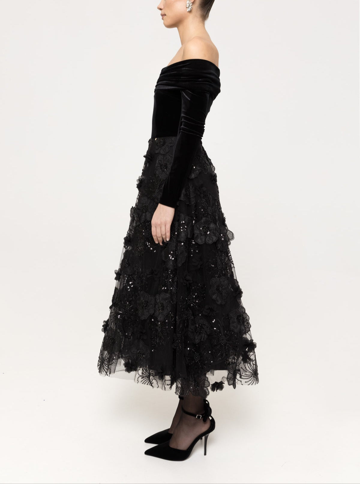 Black off shoulder 3D floral applique tulle midi dress with velvet bodice for winter galas”