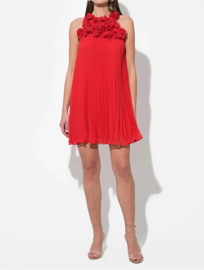 Adelyn Rae Corey red halter pleated mini dress front view