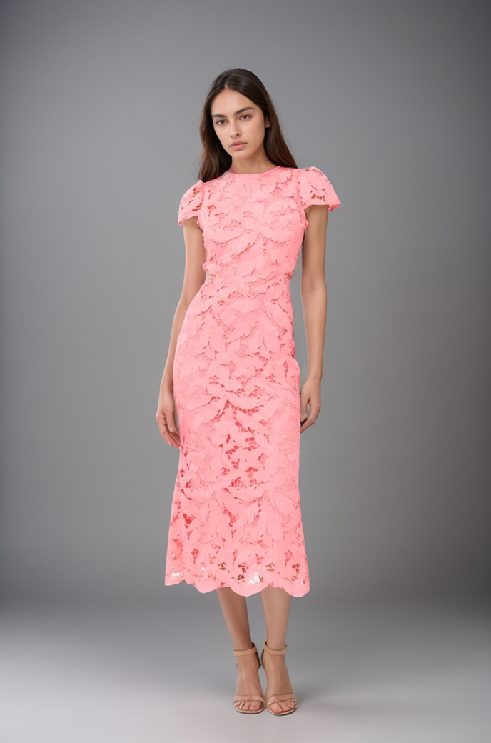 Front view of Portia bubblegum pink 3D floral lace cap sleeve midi dress with scalloped hem
