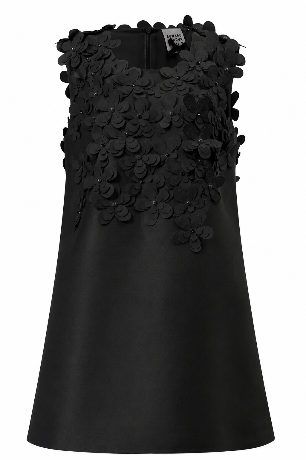 Black sleeveless 3D floral appliqué A-line cocktail dress with textured floral detail