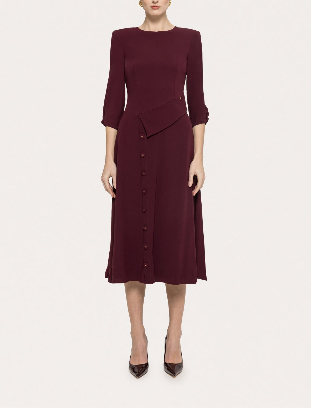 NISSA bordeaux button-detail A-line midi dress with 3/4 sleeves, front full-length view