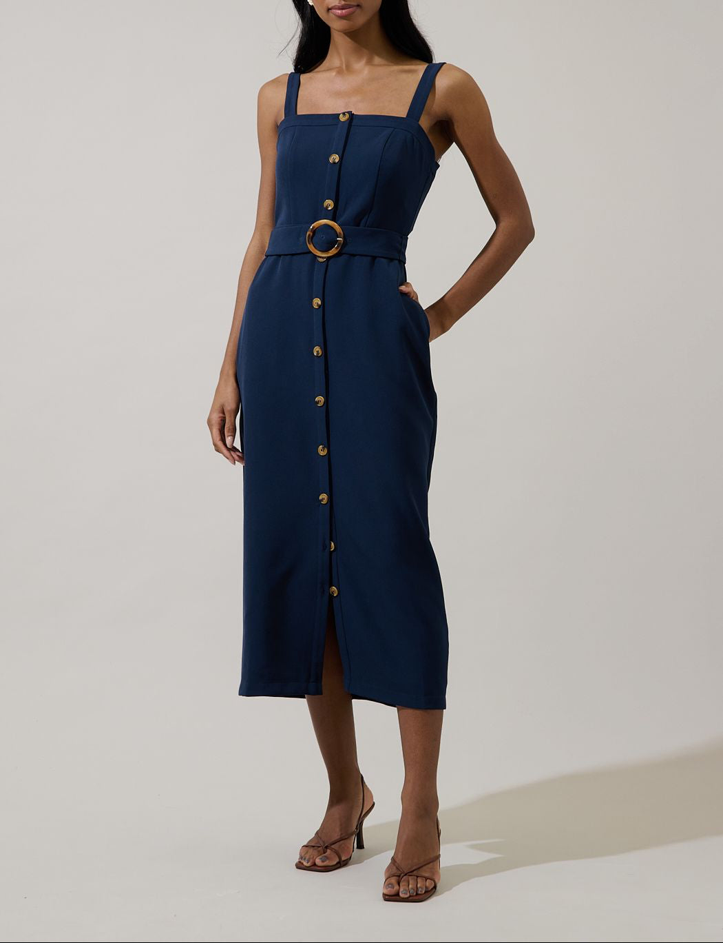 Dark navy square neck sleeveless belted midi dress front view
