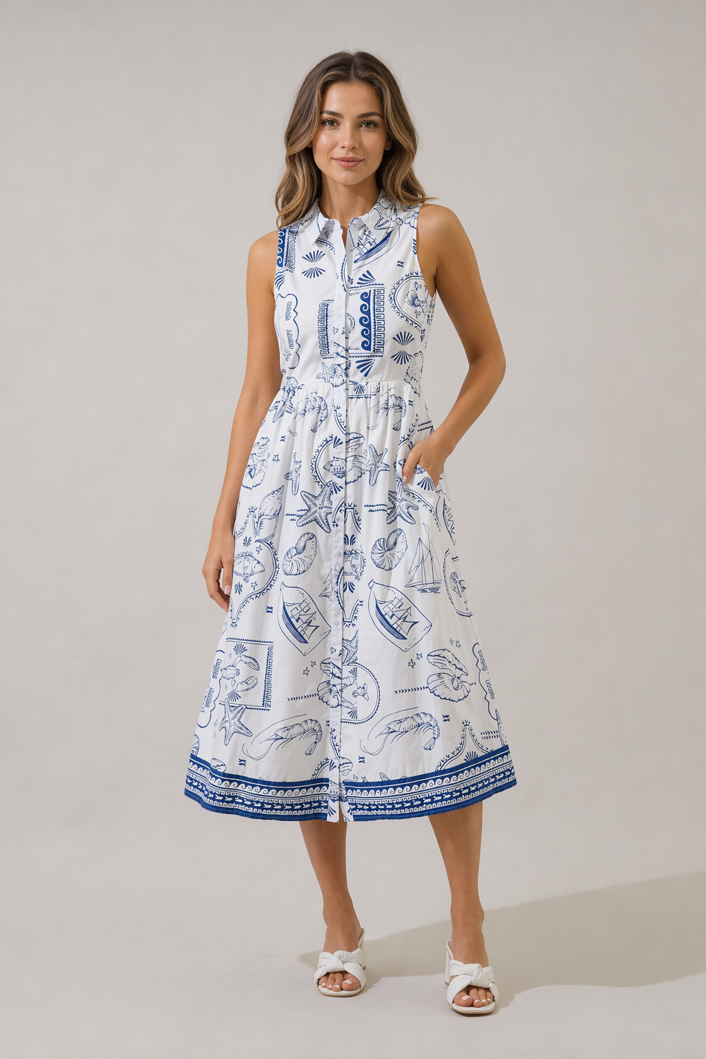 Catie Blue White Seaside Print Sleeveless Midi Shirtdress