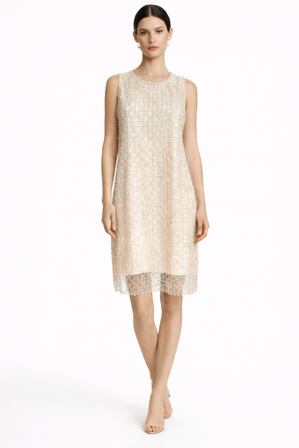 Cream Pearl-Embellished Sleeveless Shift Dress