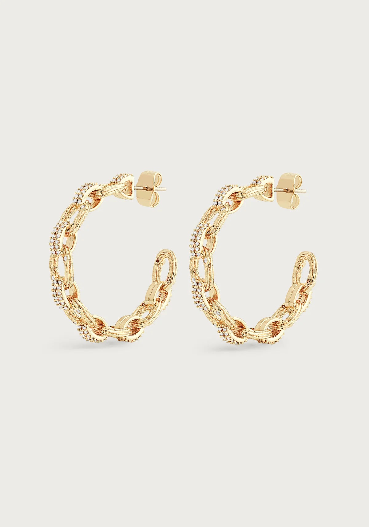 Enchanted Forest chain hoop earrings by Anabel Aram crafted in gold‑plated brass with interlocking links and crystal pave accents.