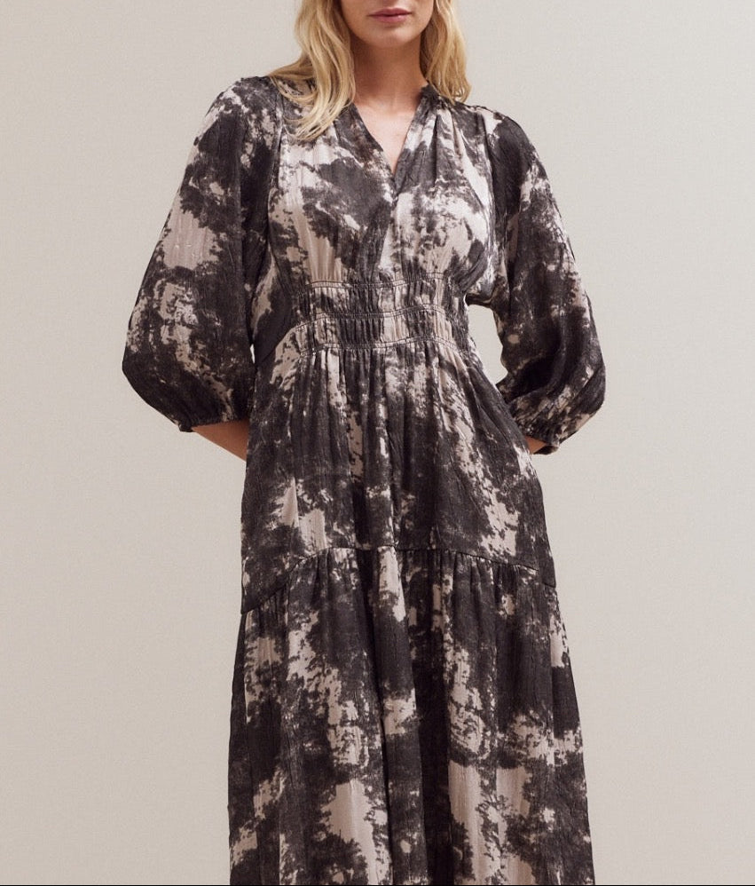 Close-up front detail of printed midi dress with V-neck and smocked waist