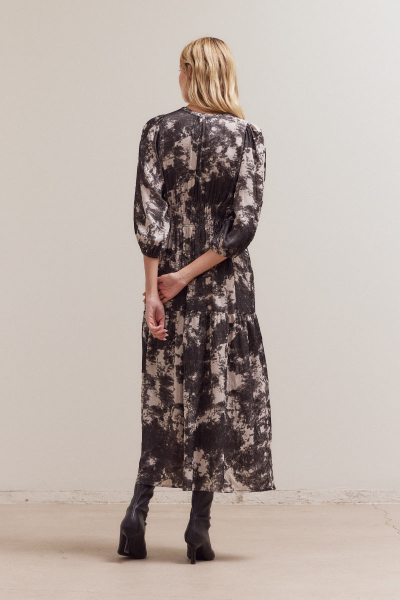 Back angled view of abstract print midi dress with 3/4 sleeves
