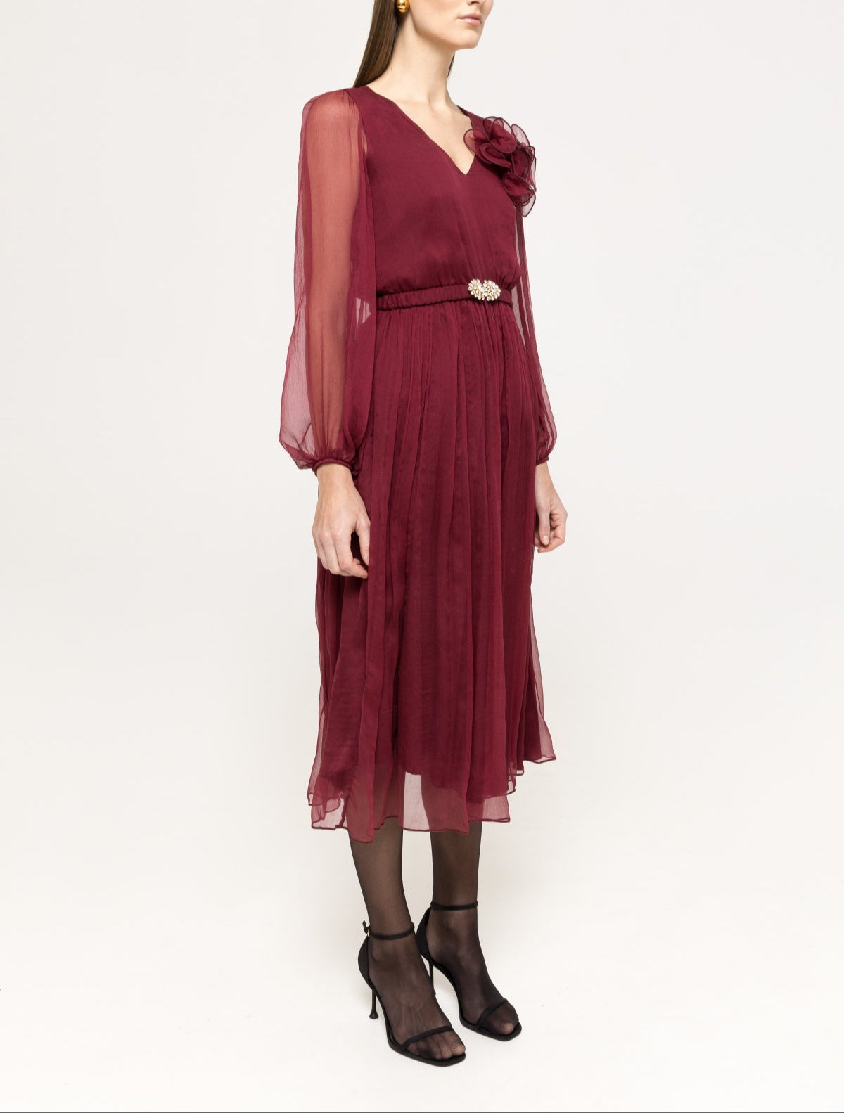 Burgundy silk midi dress by NISSA with 3D floral appliqué and long sleeves