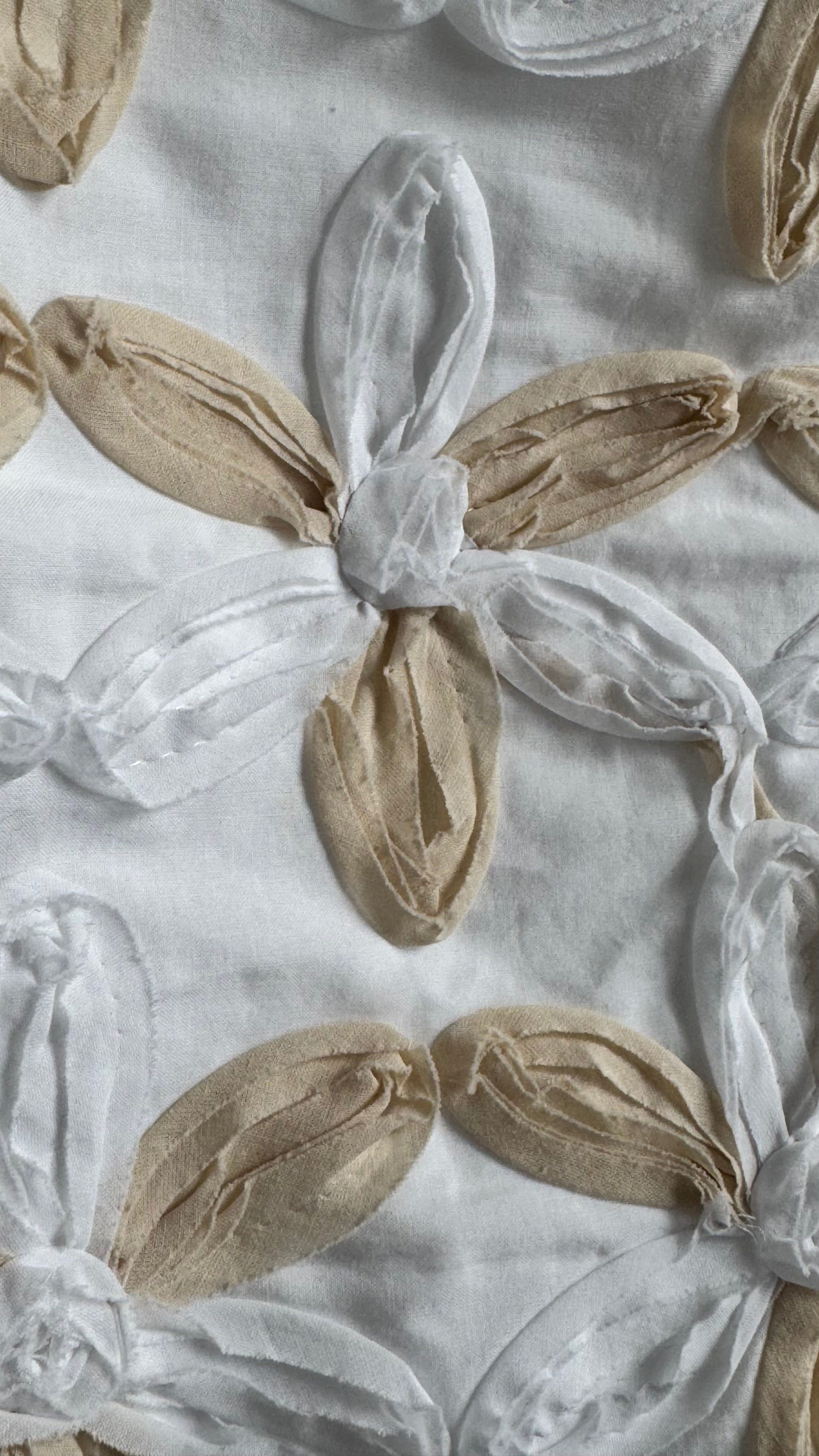 Close-up of ivory and beige 3D floral appliqué texture on Nora Noh dress