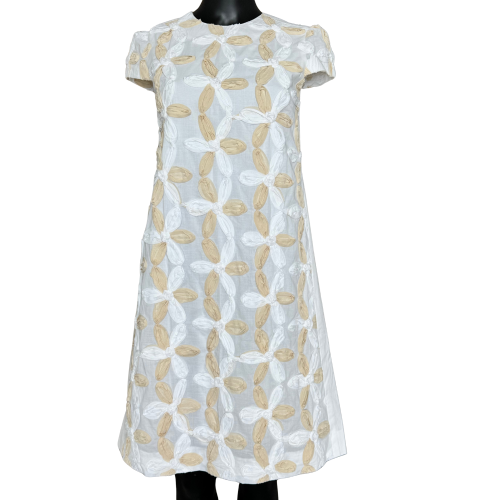 Ivory textured floral shift dress with round neckline by Nora Noh