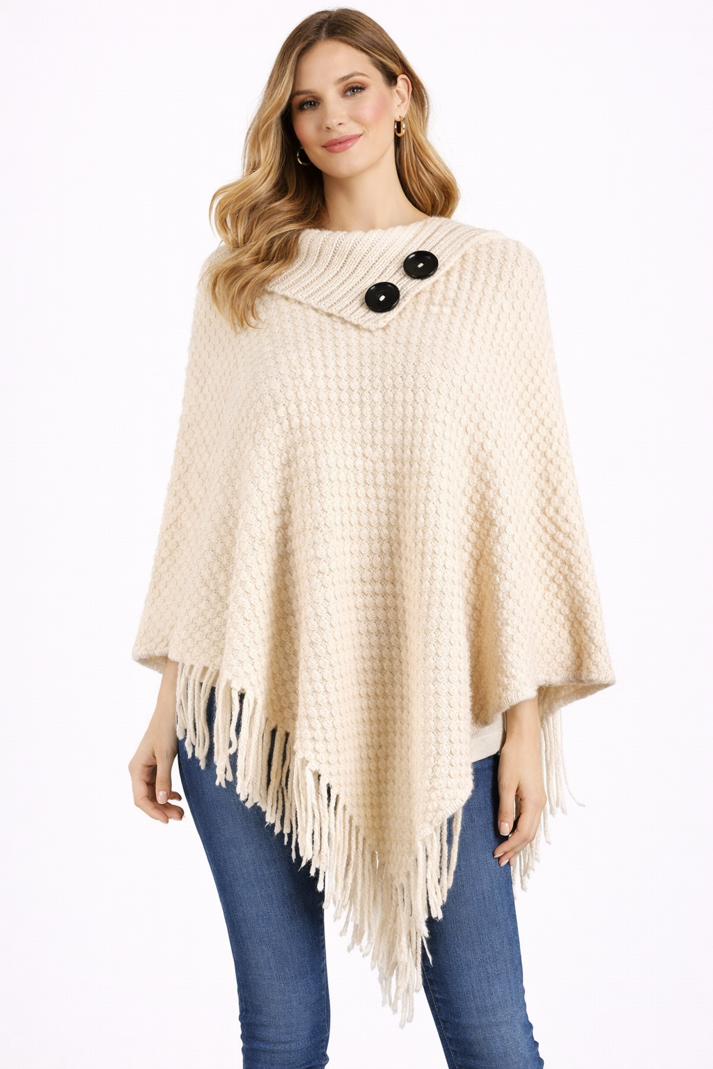 Elegant button-collar design on wool poncho