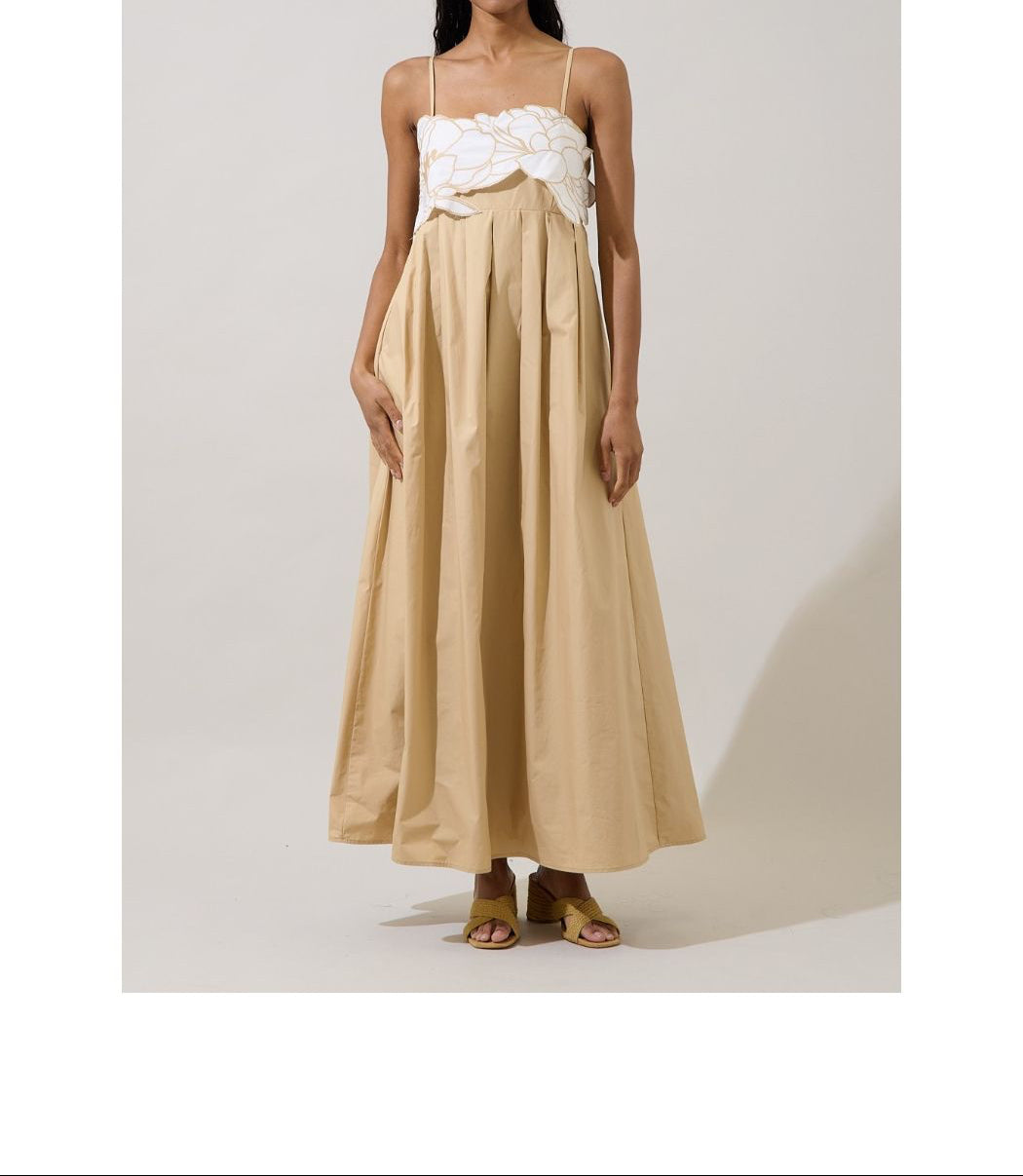 Kalani oatmeal floral applique A-line maxi dress front view