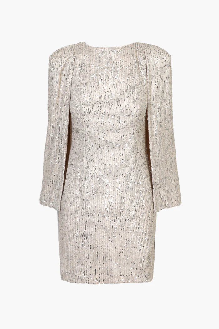 Champagne sequin cape sleeve bodycon mini dress with boat neckline front view