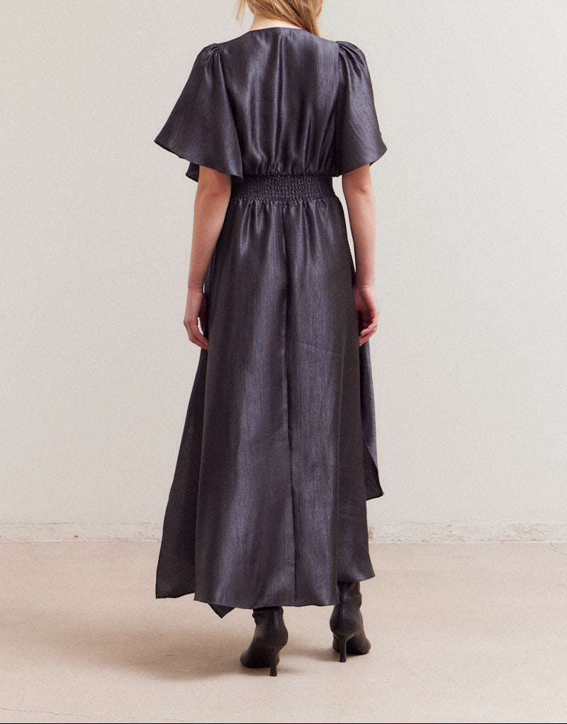 Back view of Midnight asymmetrical satin maxi dress