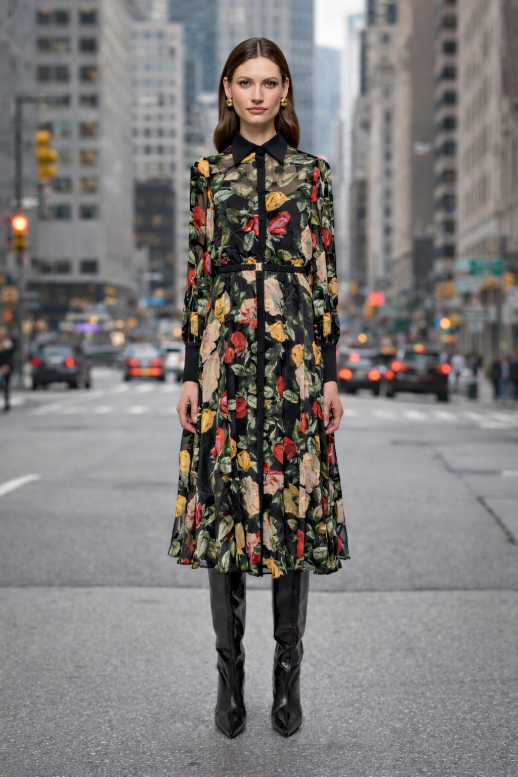 Black Floral Bishop Sleeve Belted Chiffon Midi Shirt Dress