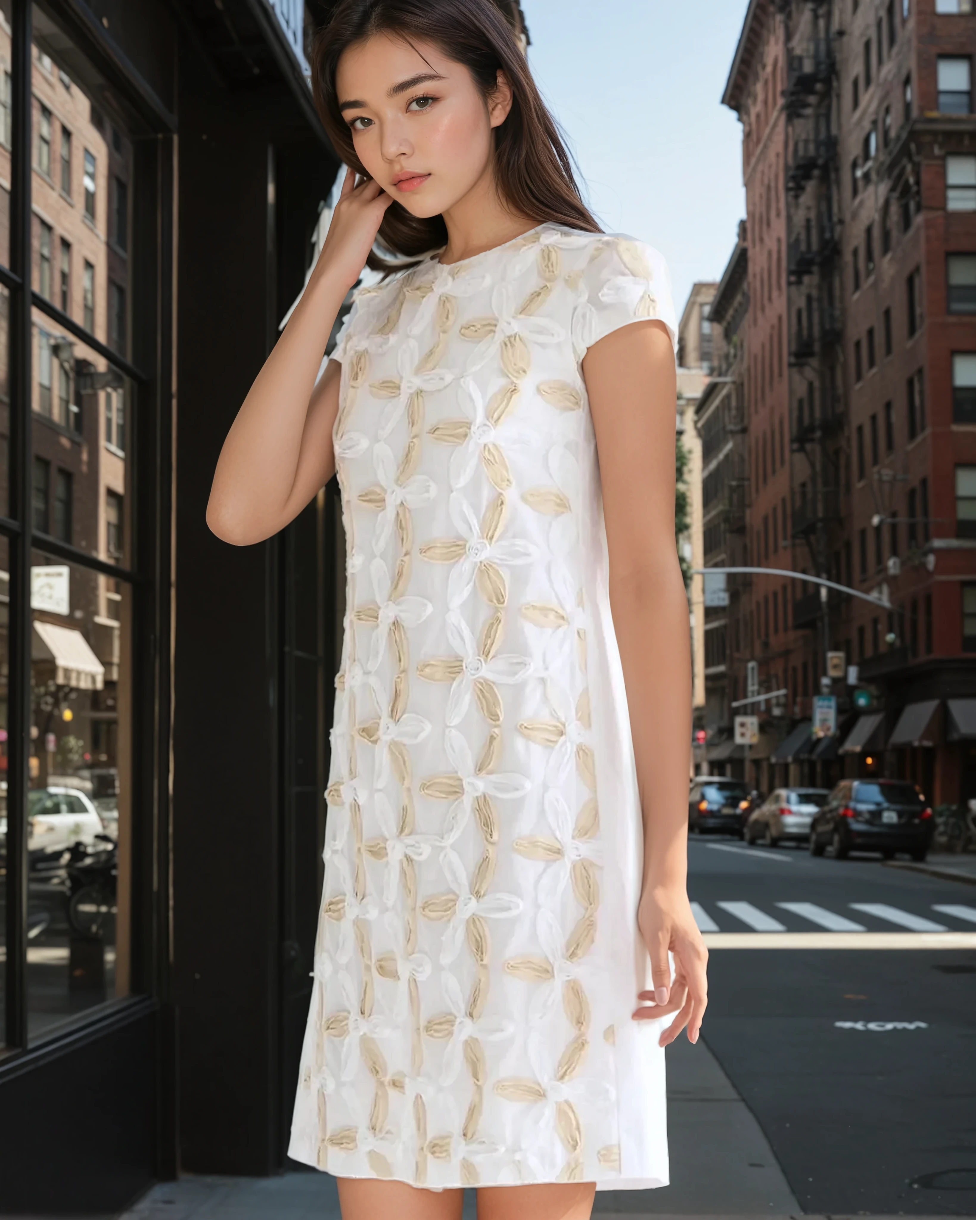 Ivory 3D floral appliqué shift dress styled for polished city occasionwear