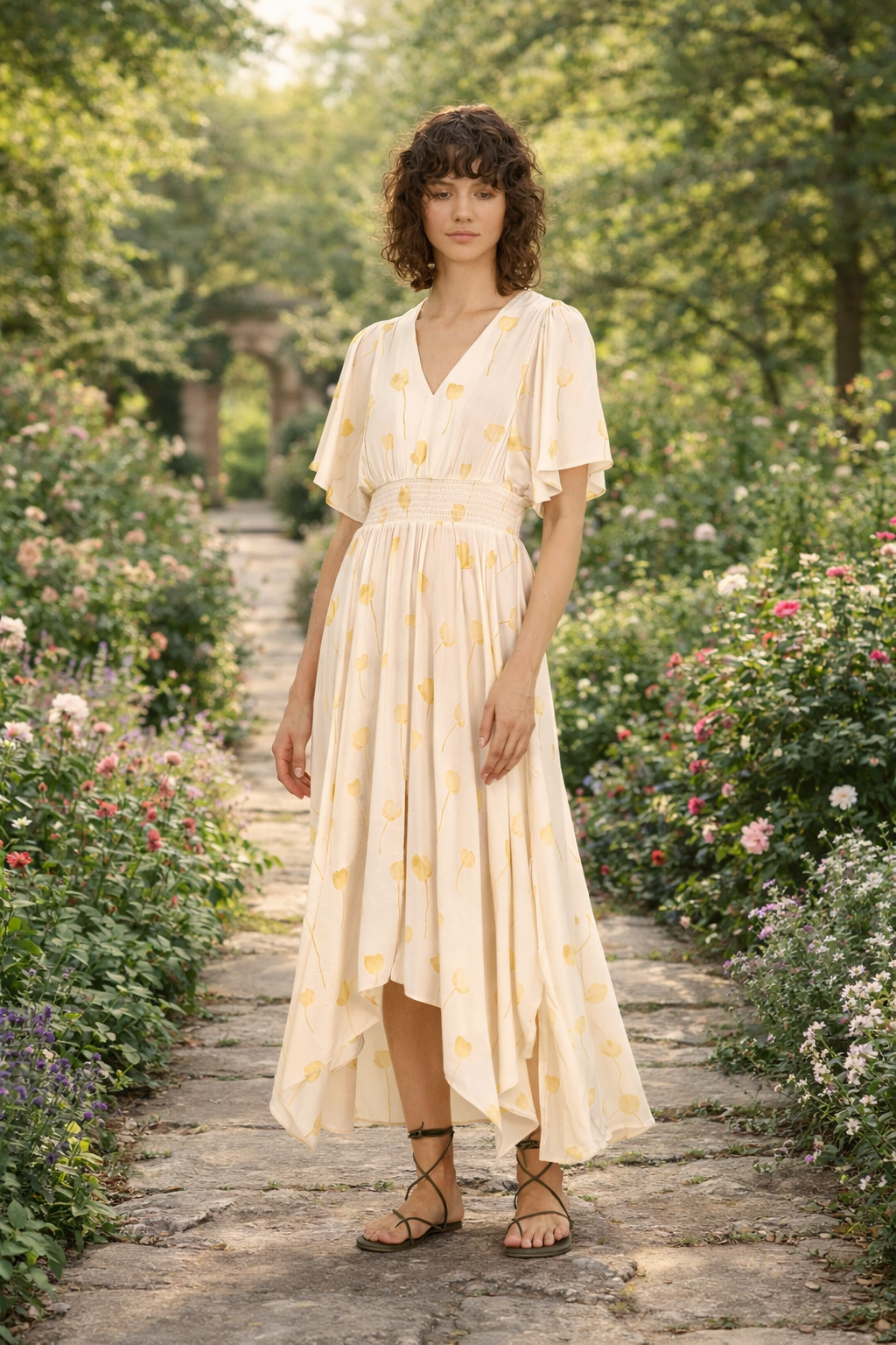 Outdoor lifestyle view of watercolor floral maxi dress in garden setting