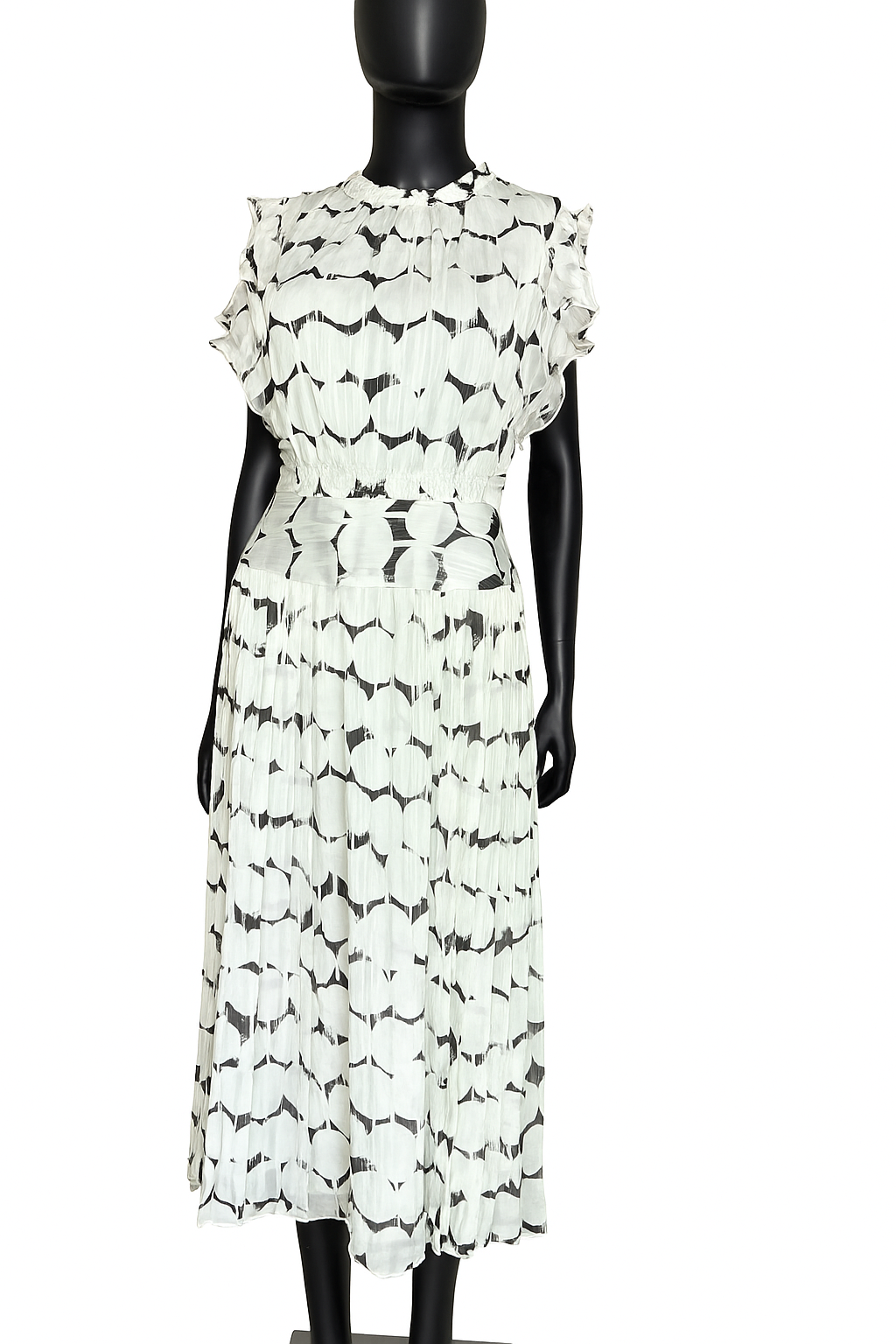 Black and white abstract print chiffon midi dress with flutter sleeves by Nora Noh on mannequin