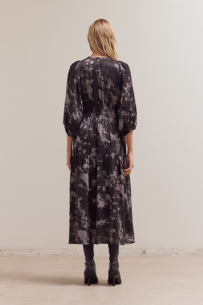 Back view of abstract print midi dress with tiered skirt