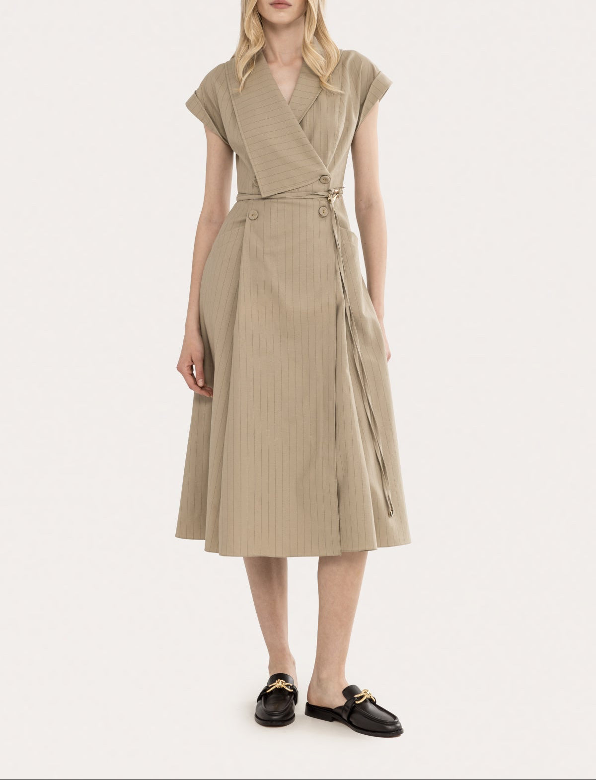Beige pinstripe cotton-linen wrap midi dress with cap sleeves and deep V neckline front view