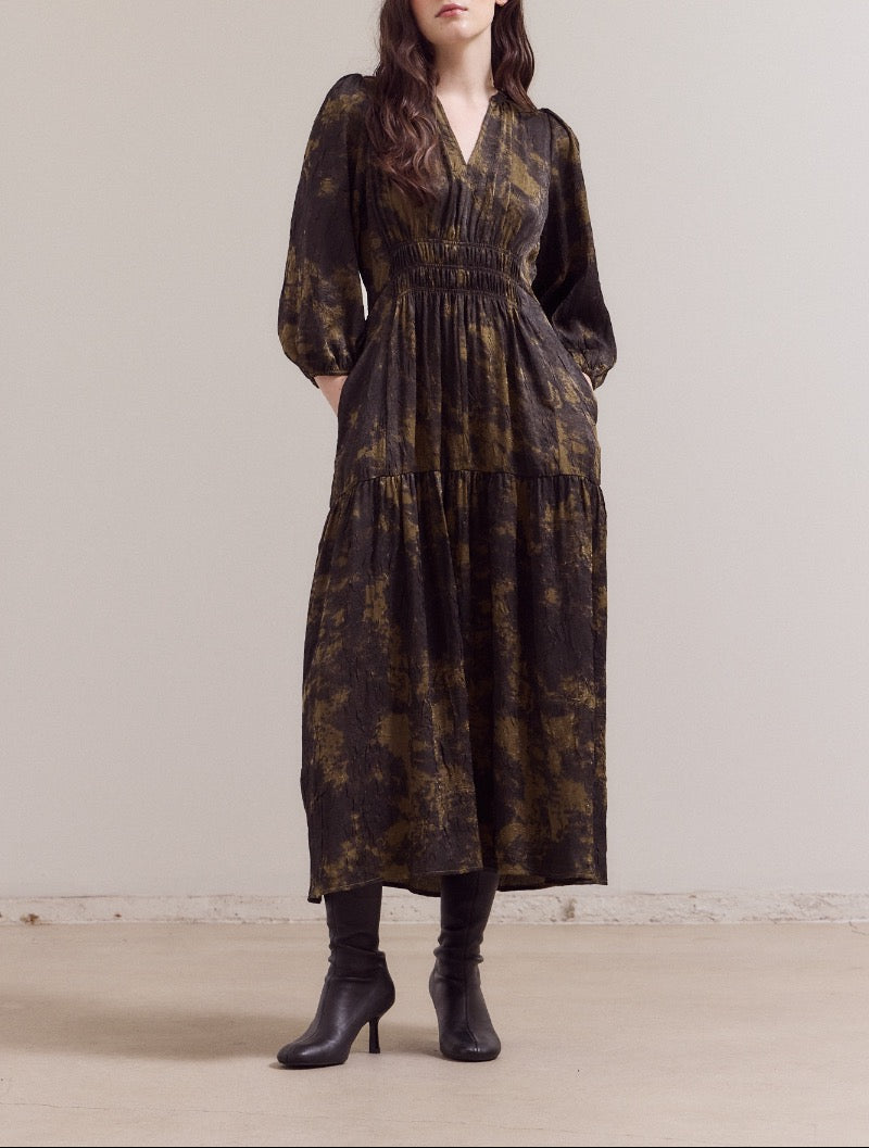 Front view of darker abstract print midi dress with 3/4 sleeves