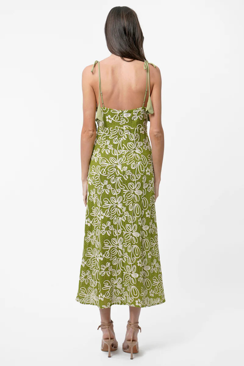 Back view of green floral tie shoulder midi dress