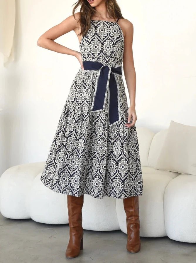 Adelyn Rae Anell navy cream embroidered halter midi dress, full front view