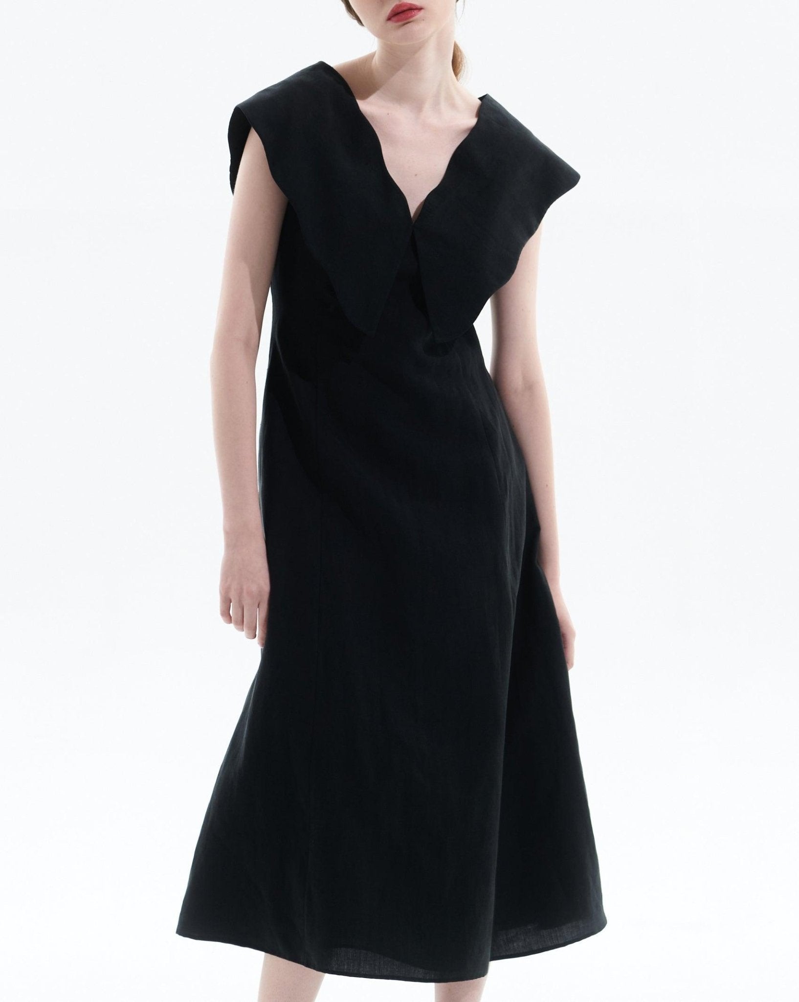 Black Tencel linen midi dress with oversized sculptural collar
