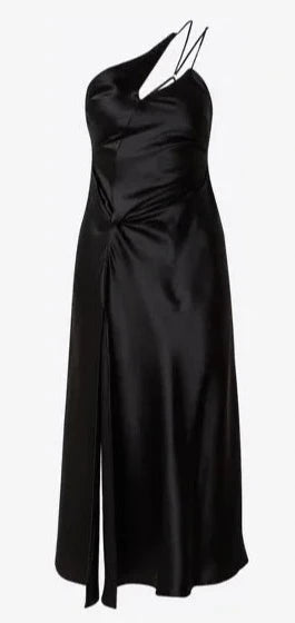 Black satin asymmetric low back midi dress with draped waist by Amy Lynn
