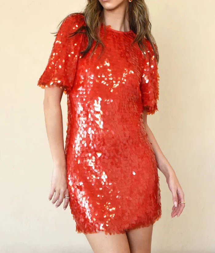 Fitted red sequin cocktail mini dress with short puff sleeves