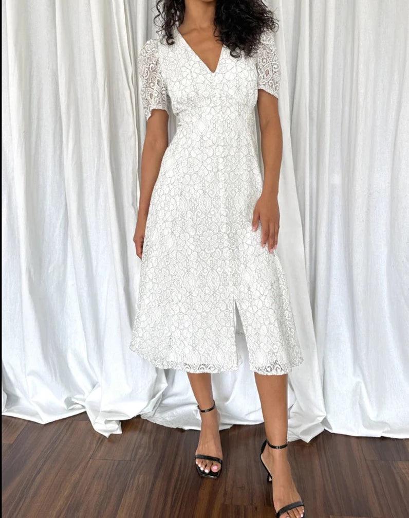 White V-neck lace midi dress with puff sleeves
