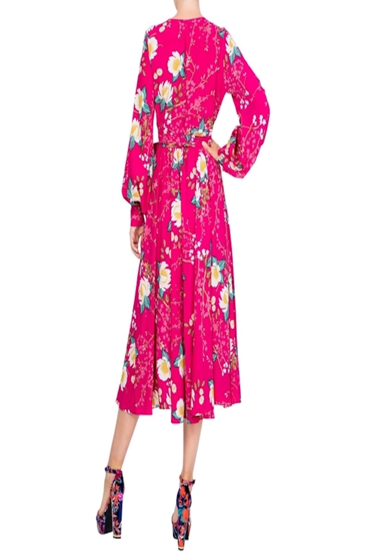 Back view of Lotus Cranberry floral midi dress with long sleeves and feminine midi silhouette