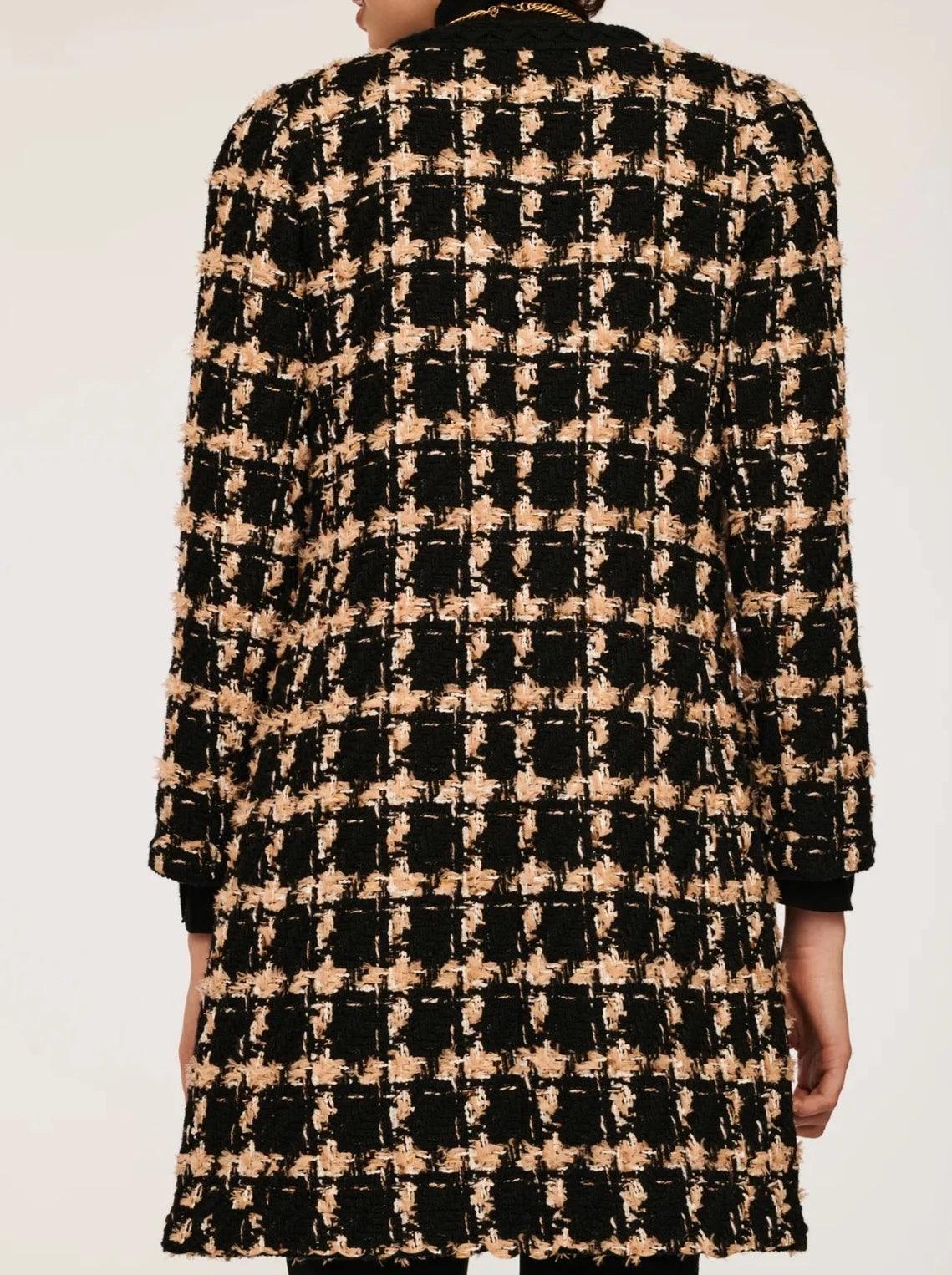 Back view of longline black and beige check tweed jacket for women by Weill Paris