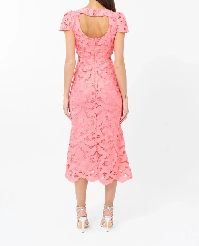 Back view of Portia pink lace midi dress with open back detail, cap sleeves, and scalloped hem