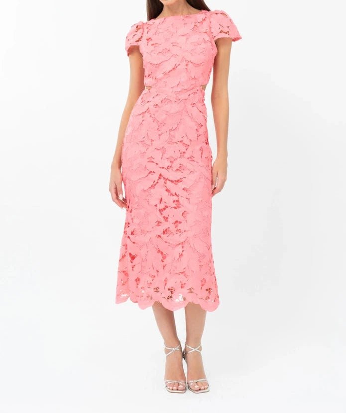 Full view of Portia Bubblegum Pink 3D Floral Lace Cap Sleeve Midi Dress with scalloped hem
