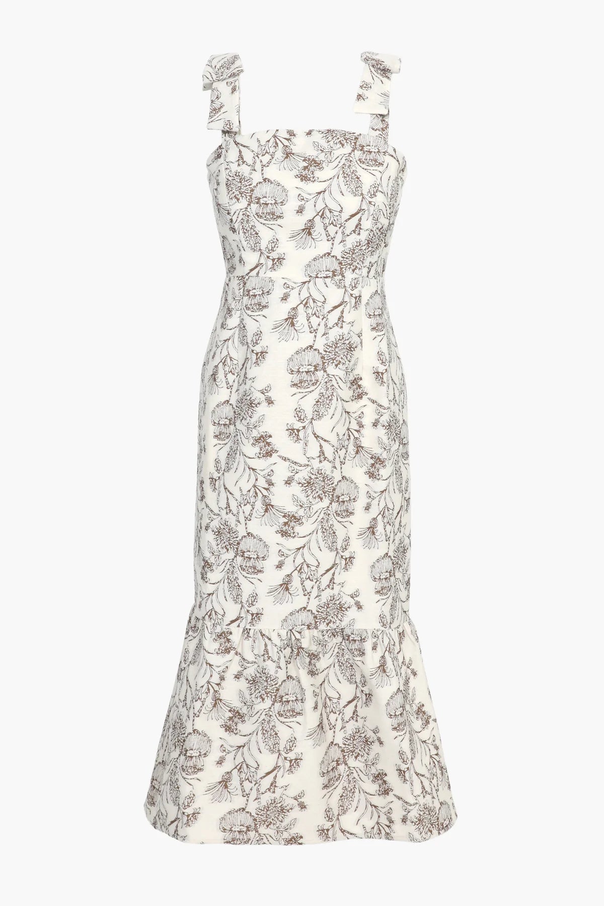 Selina cream mocha floral jacquard bow strap midi dress with flounce hem