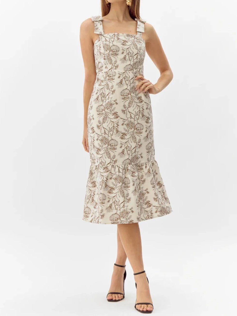 Front view of Selina cream and mocha floral jacquard bow strap midi dress with square neckline and flounce hem