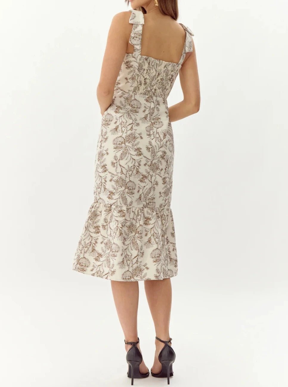 SBack view of Selina floral jacquard midi dress with smocked back bodice and flounce hem