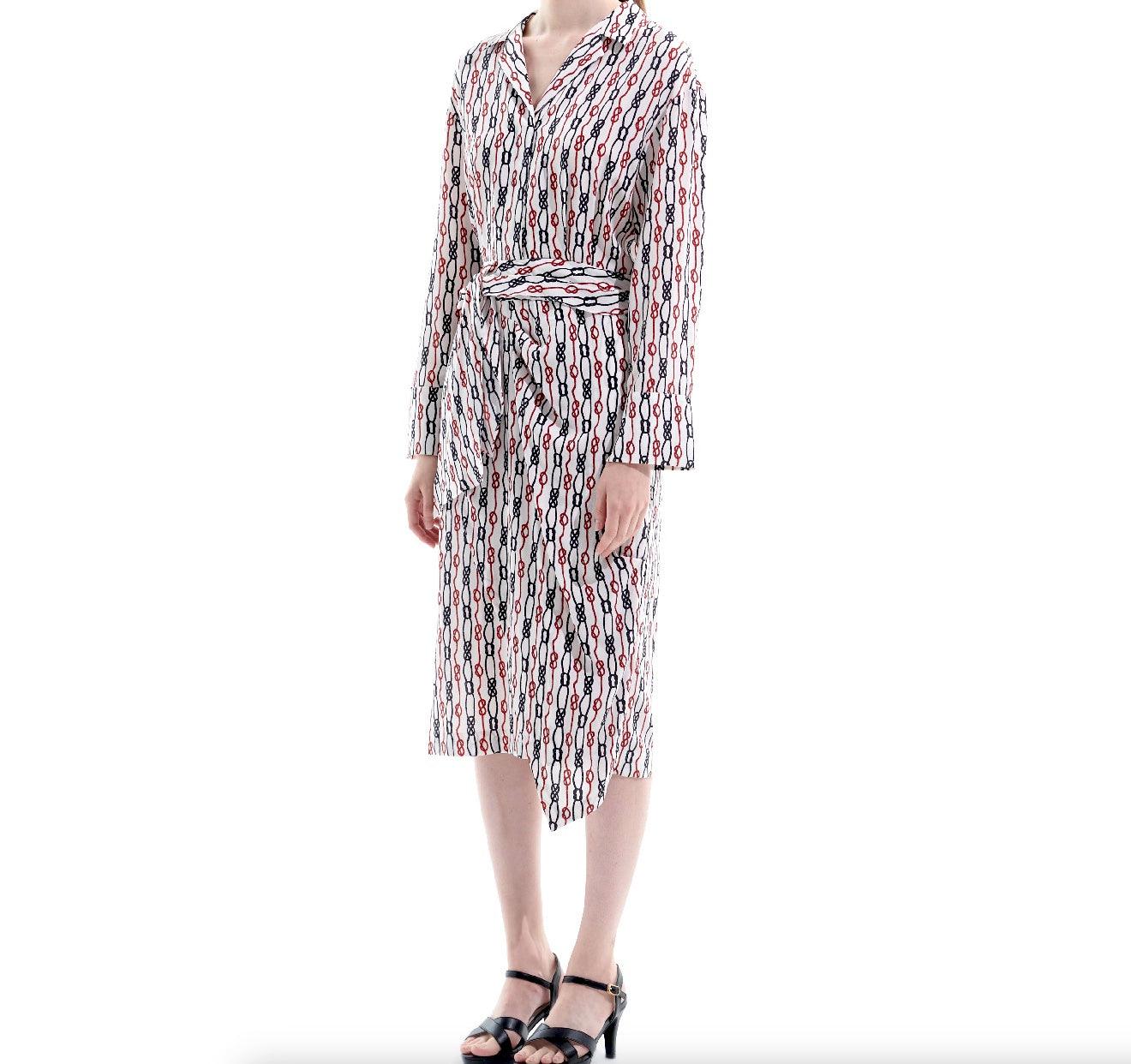 Women’s silk chain print midi dress with V neckline and wrap waist