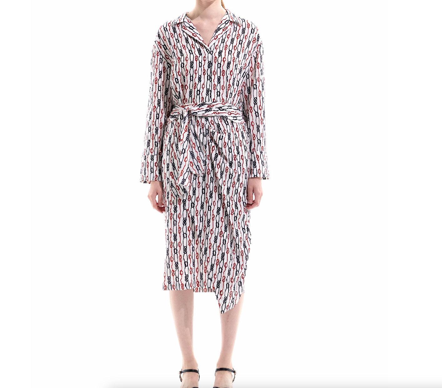 Silk chain print midi dress with long sleeves and waist tie belt