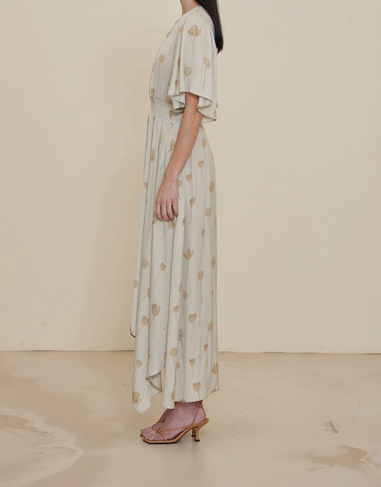 Side view of soft blue floral print maxi dress with flutter sleeves