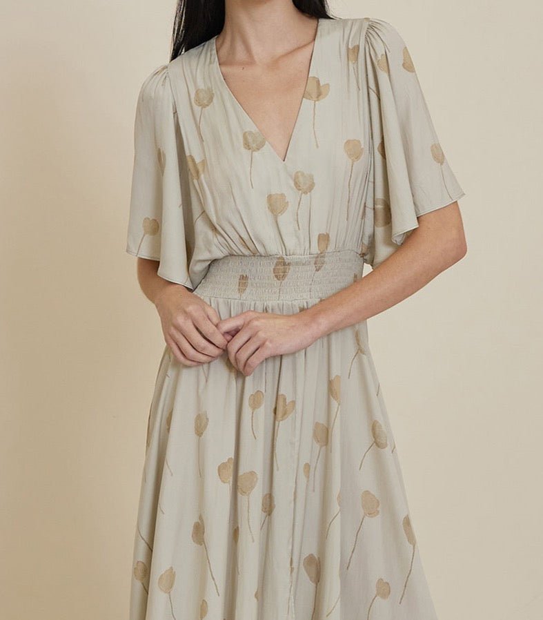 Soft blue watercolor floral maxi dress front view