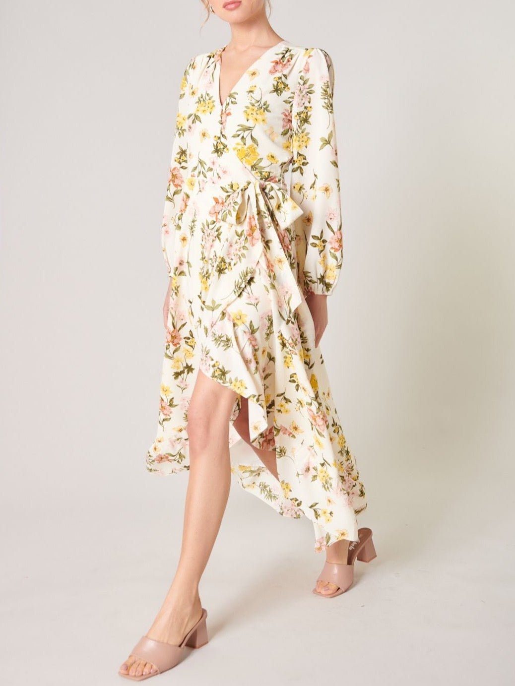 Ivory pastel floral wrap maxi dress with self-tie waist and high-low ruffle hem