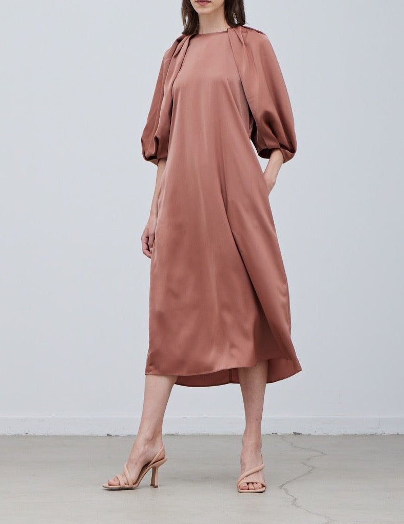 Rose Tan satin 3/4 sleeve midi dress with tie waist and gathered neckline front view