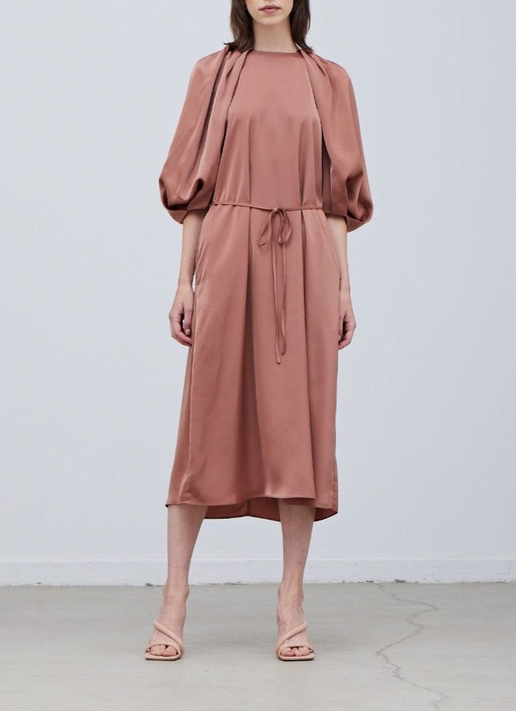 Front full view of Rose Tan satin midi dress with 3/4 sleeves and waist tie