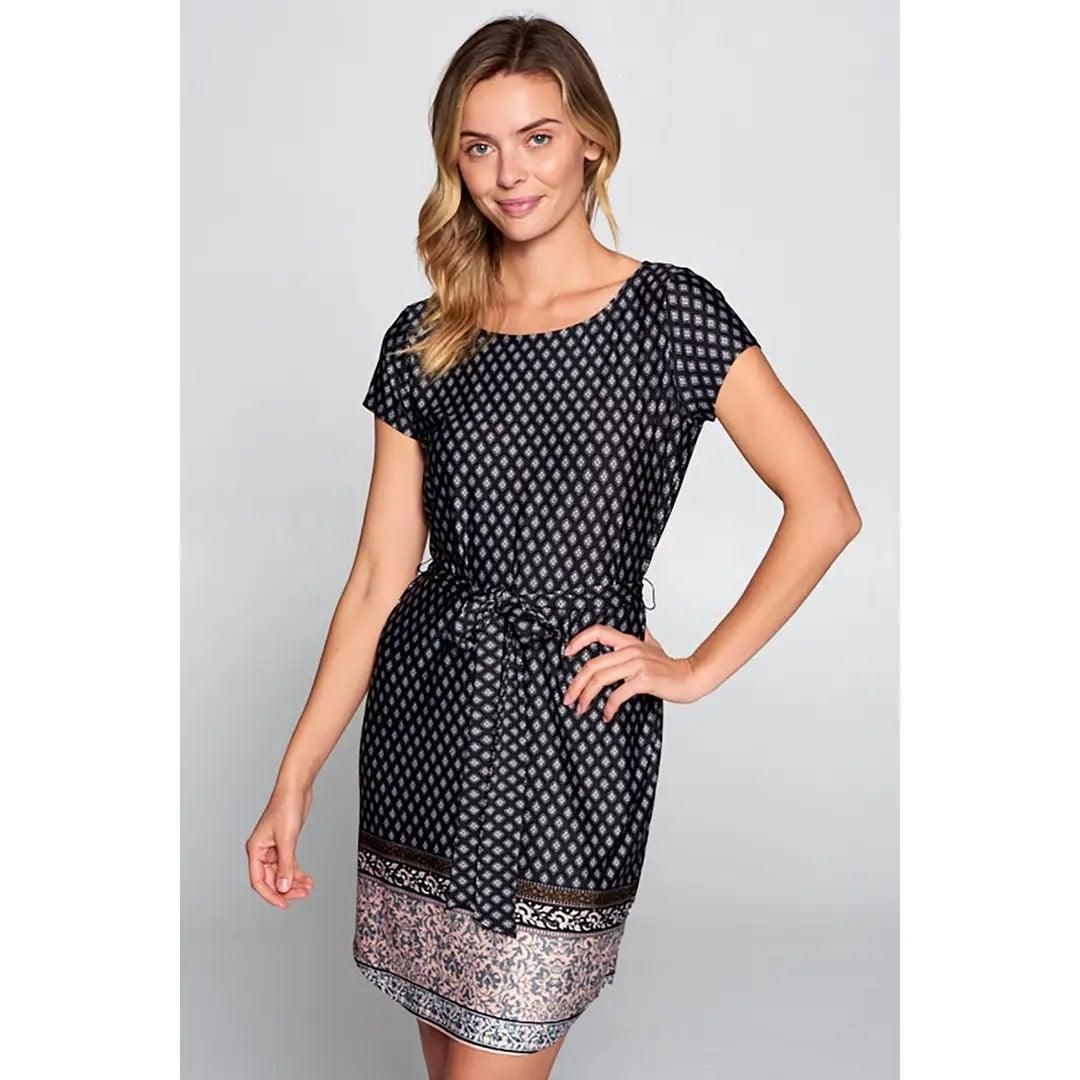 Dark indigo Renee C knit dress with waist tie for smart casual outfits
