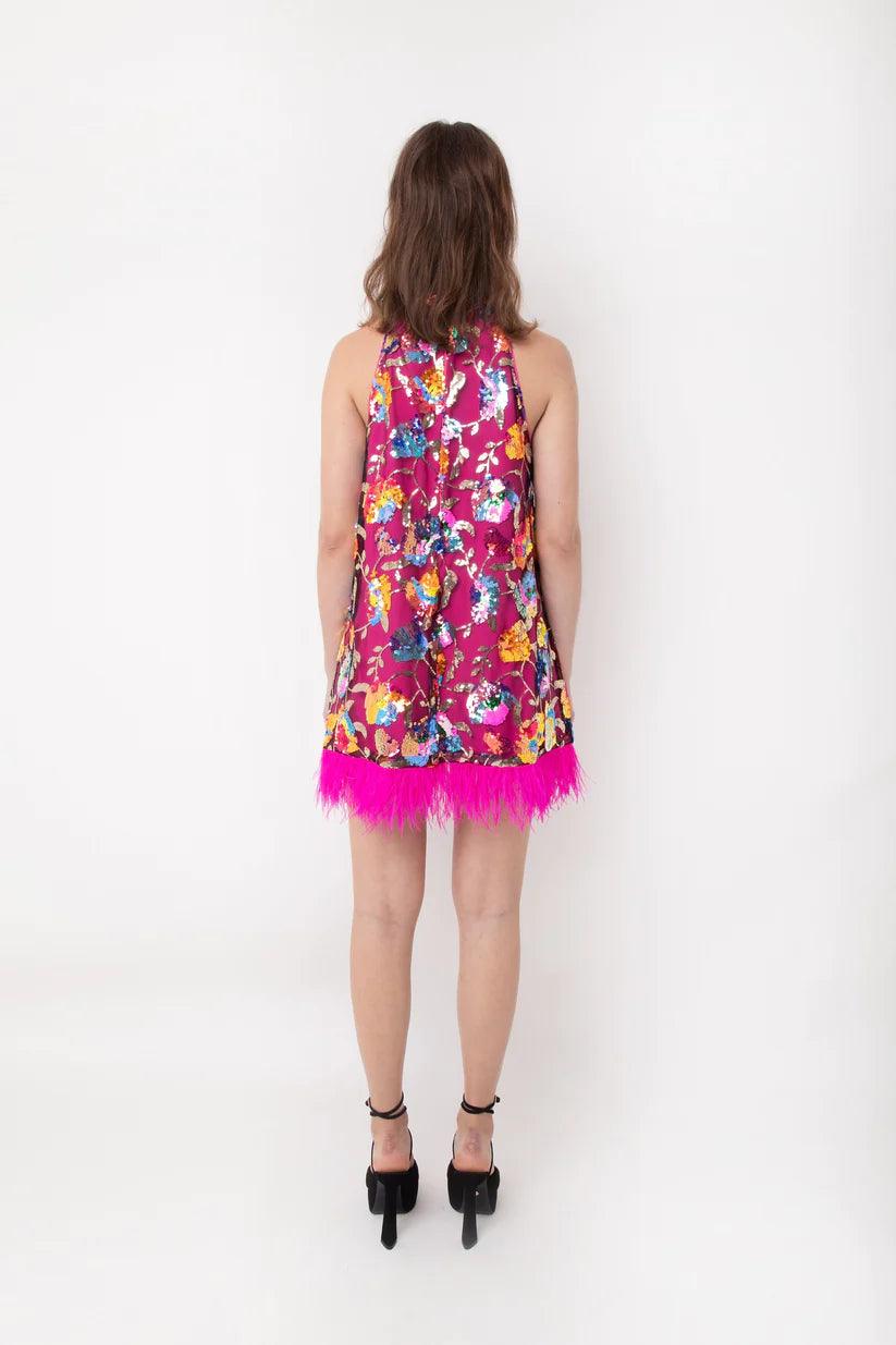 Back view Women’s pink feather trim cocktail mini dress with floral sequins