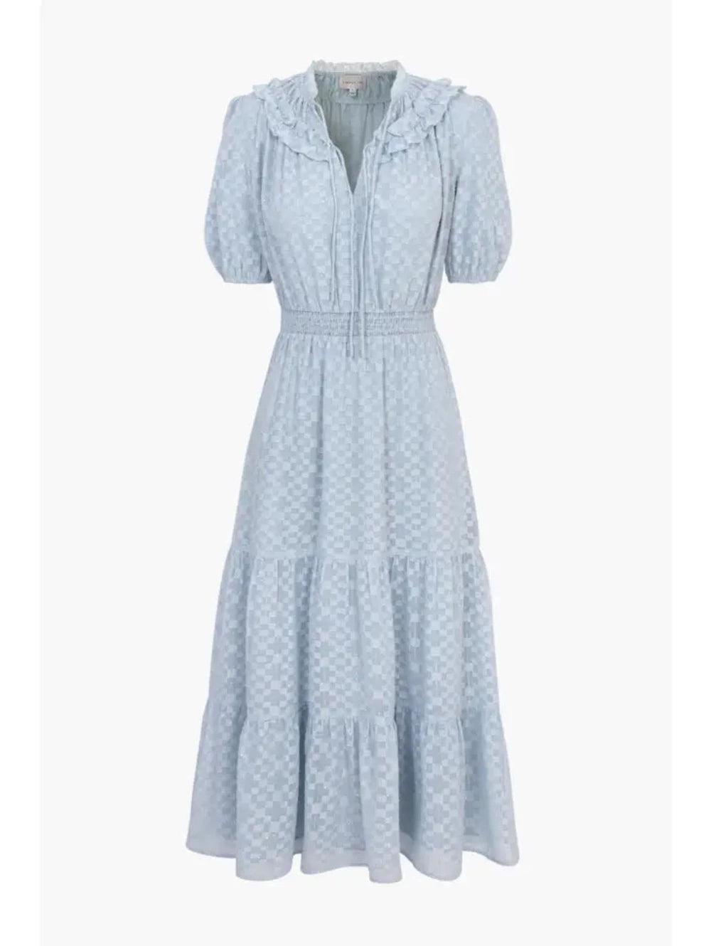 Front view of Darlene light blue smocked chiffon midi dress