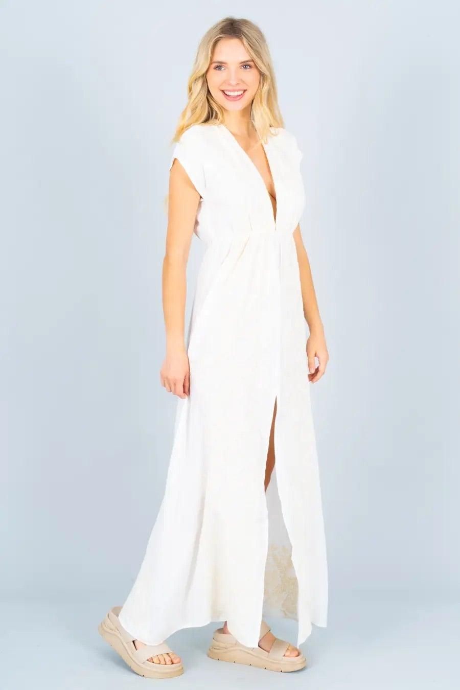 Renee C 100% cotton white maxi dress with embroidery and V-neck styling