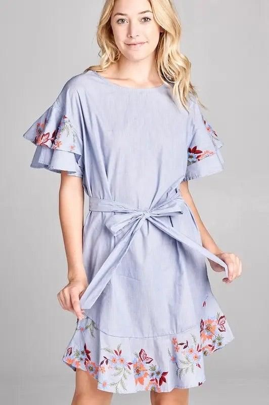Women’s light blue short sleeve cotton dress with waist tie by Renee C